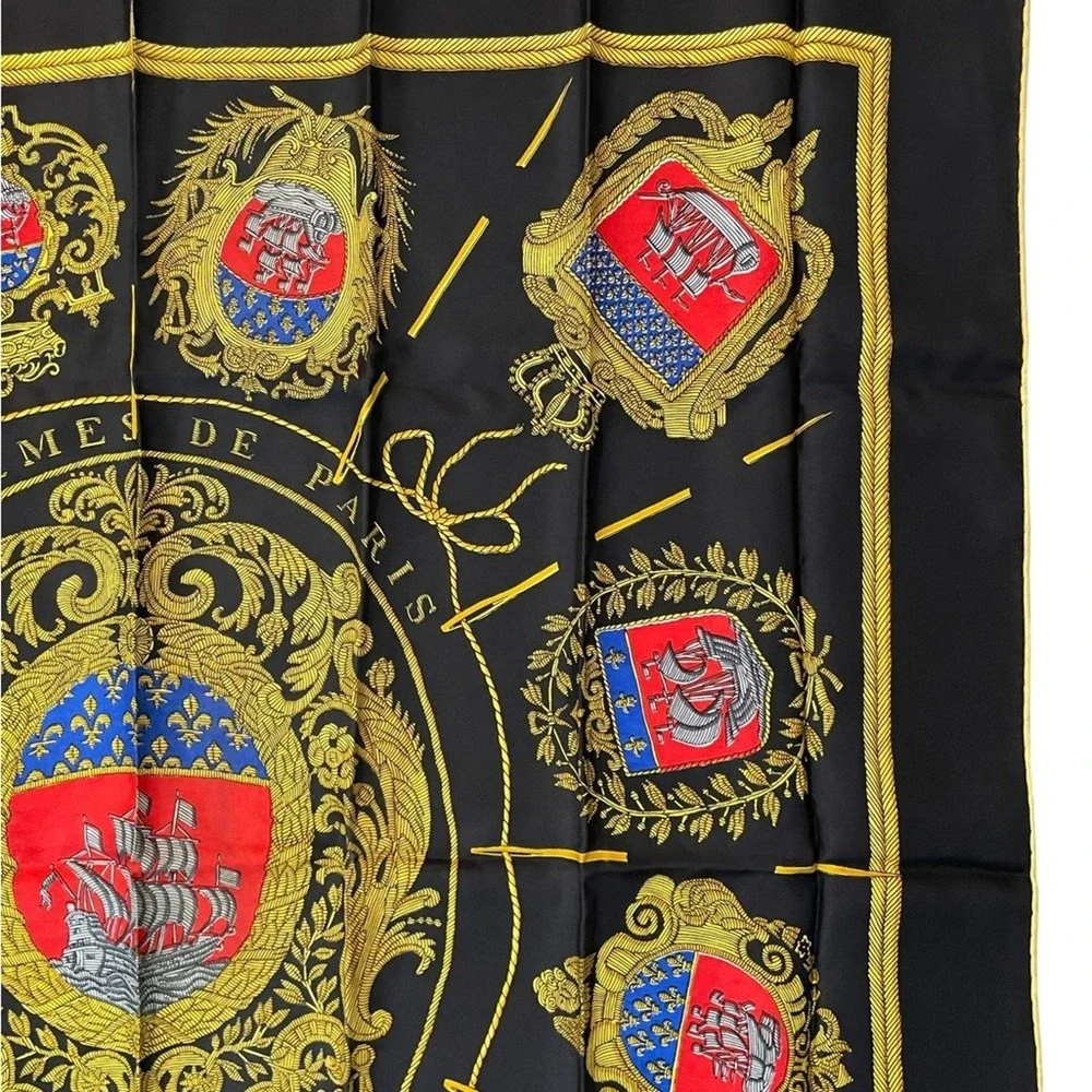 Hermes Les Armes de Paris Silk Scarf Womens Black Gold Coat of Arms Authentic